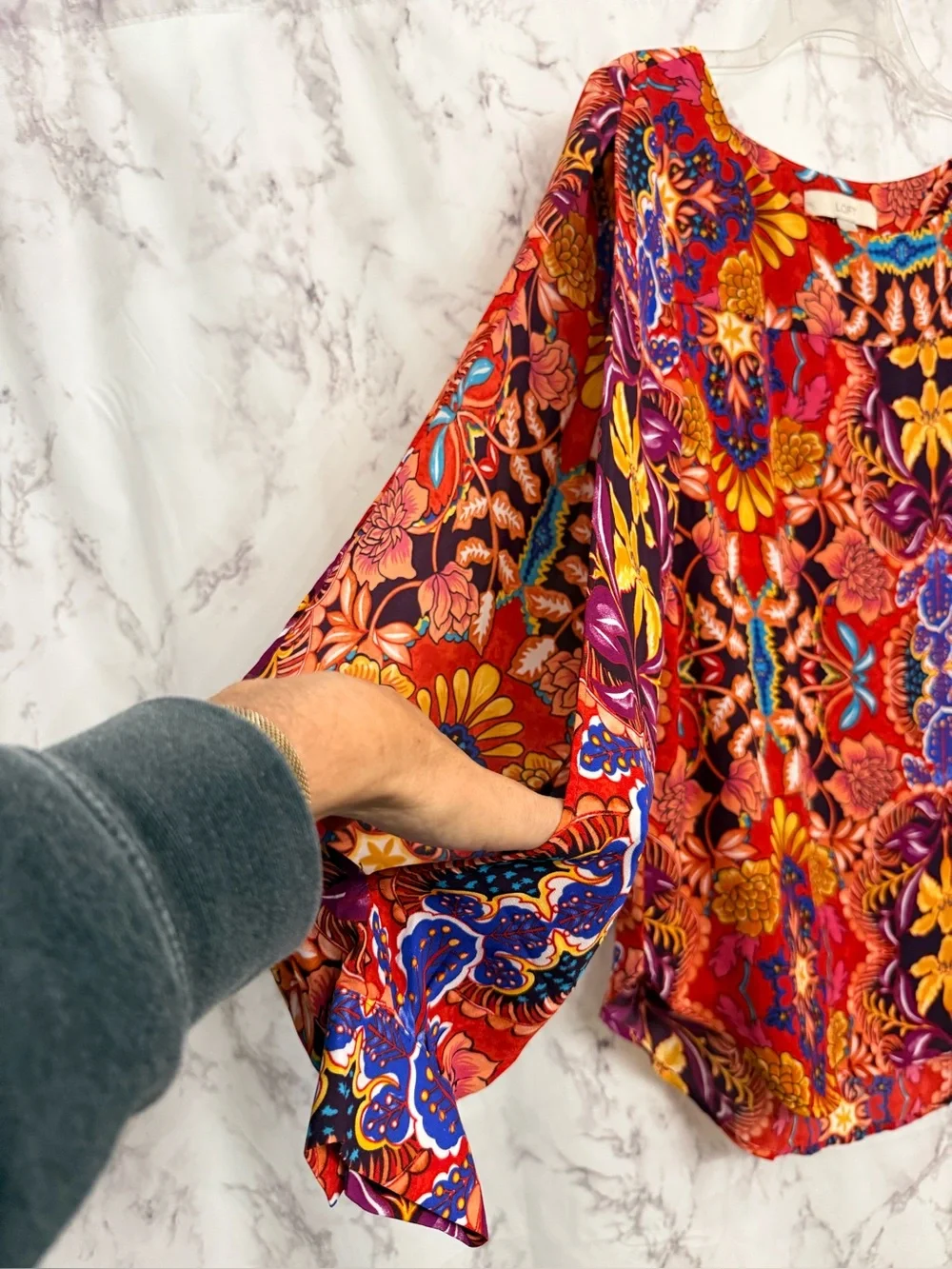 LOFT Women's Red Multi Floral Scoop-Neck Long Sleeve Top
